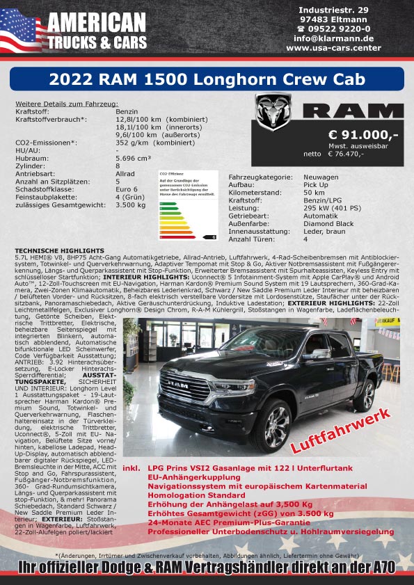 2022er RAM 1500-Longhorn Crew Cab schwarz bei Klarmann-Lembach kaufen