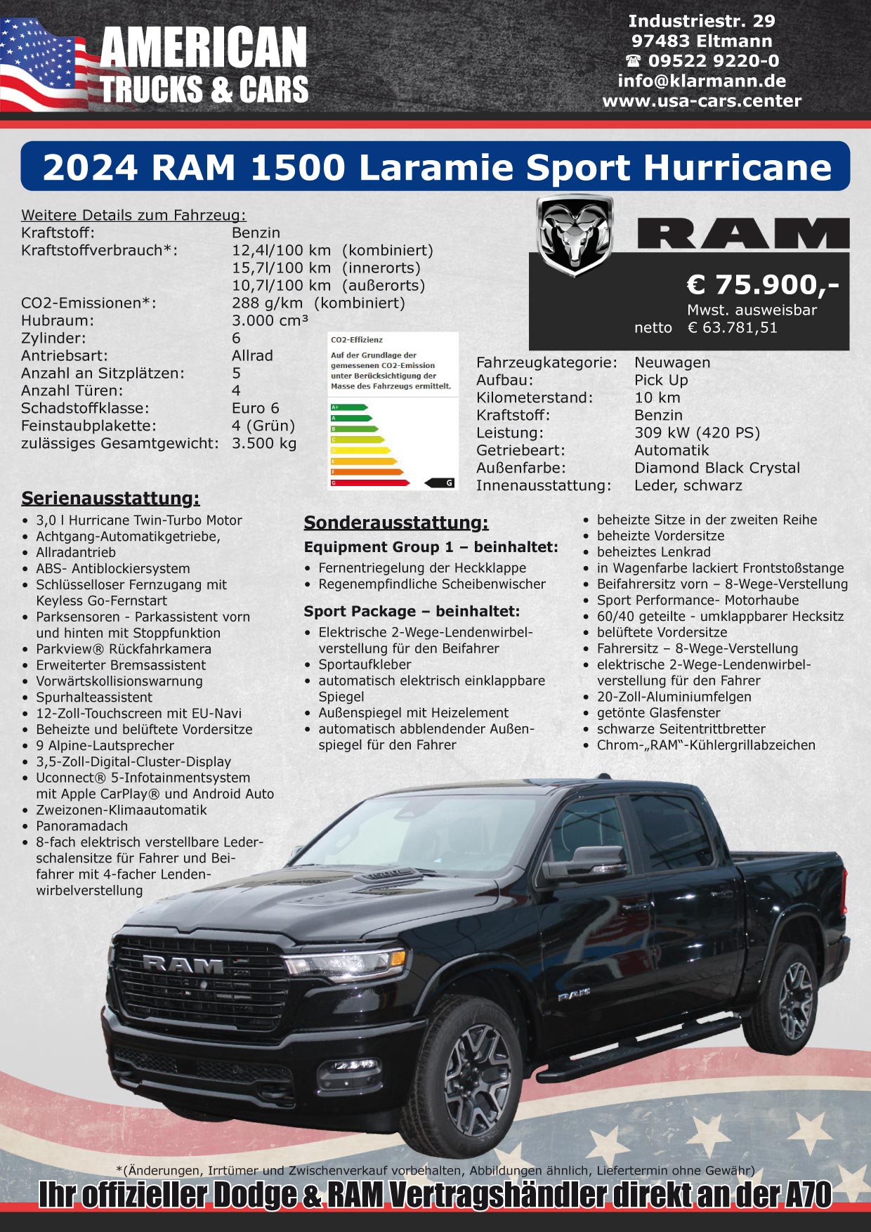 2024er RAM 1500 Laramie Sport Hurricane schwarz