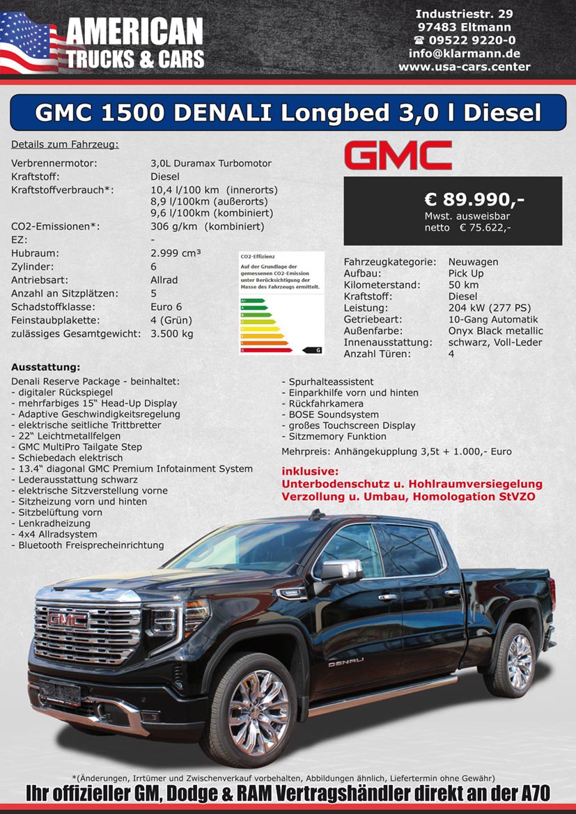 Top Deal bei USA Cars Center: GMC 1500 DENALI Longbed 3-l-Diesel
